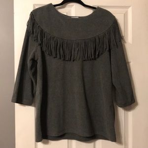 Grey, cozy top with cute fringe detail